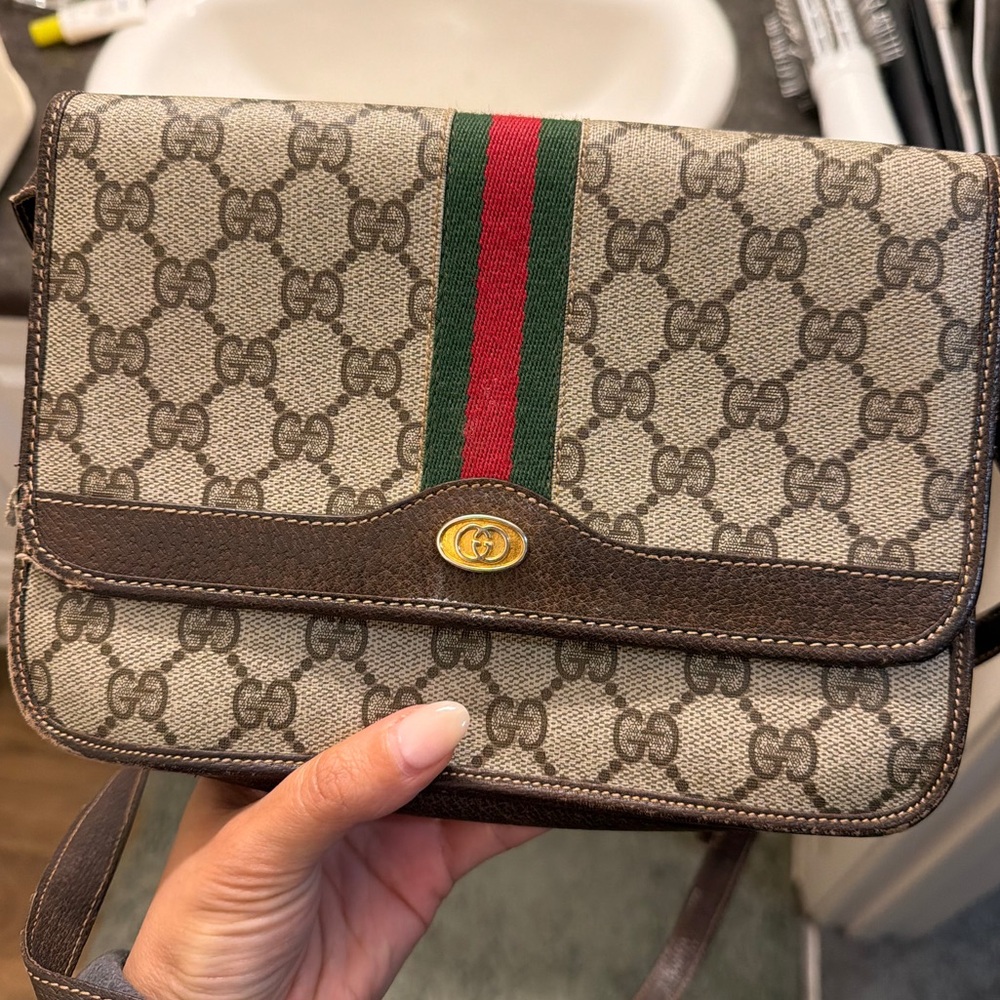 Gucci Beige GG Canvas Crossbody with Brown Trim and Green-Red Web